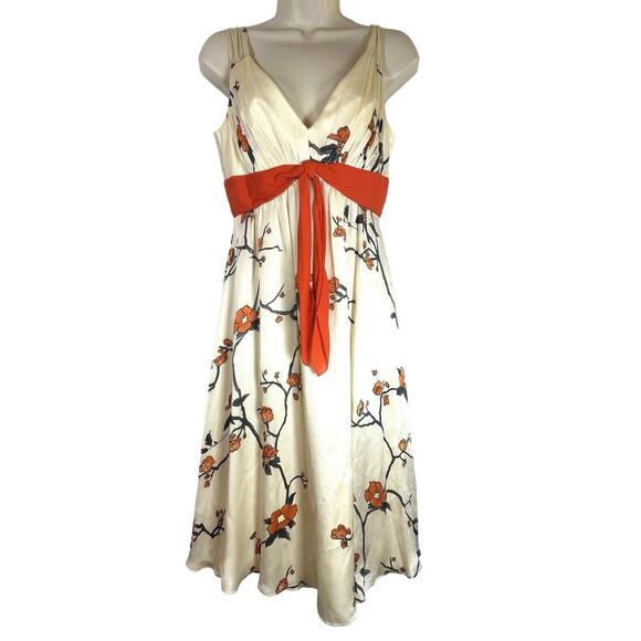 Kay Unger New York Sleeveless V Neck Floral rust Red Sash Bow‎ Dress 4 GUC - Picture 1 of 9